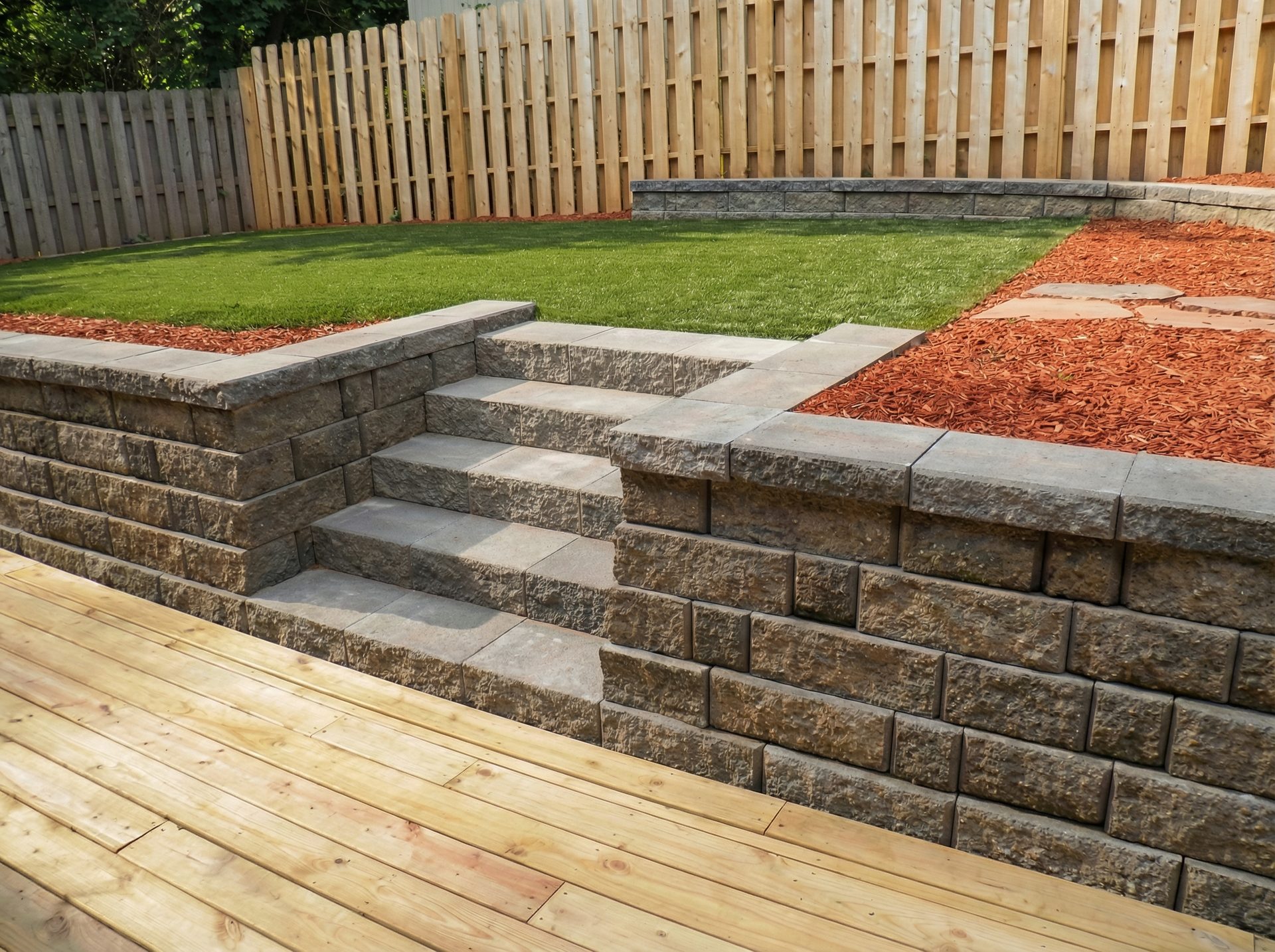Block retaining wall with steps